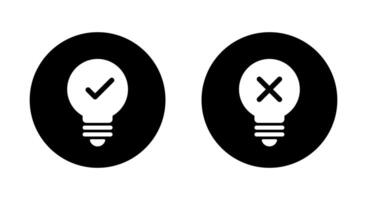 Light bulb check and cross mark icon on black circle. Creativity and stagnation sign symbol vector