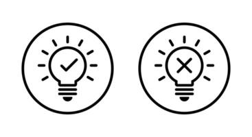 Light bulb with check and cross mark icon on circle line. Creativity and stagnation sign symbol vector