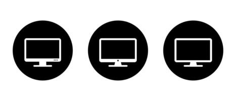 Computer monitor icon set on black circle. Pc screen, desktop display sign symbol vector