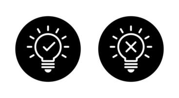 Light bulb with check and cross mark icon on black circle. Creativity and stagnation sign symbol vector
