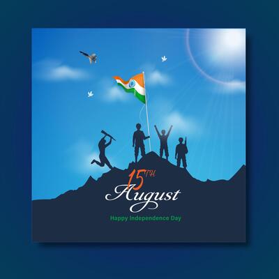 Indian Army Soldiers Waving Flag on Top of Mountain for Happy Independence Day Celebration.