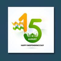 15th August Text with Silhouette Taj Mahal and Wavy Indian Flag on Glossy White Background for Happy Independence Day vector