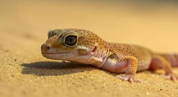 Captivating close-up of a leopard gecko resting peacefully on golden sand photo