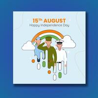 15th August Happy Independence Day Concept with Faceless Female Indian Armed Forces on Cloudy Sky and Rainbow Background. vector
