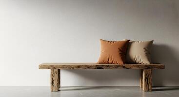 Rustic bench with cushions against a textured wall embodying simple elegance photo