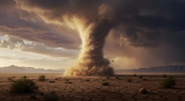 Apocalyptic Storm Brewing, a powerful tornado sweeps across a desolate landscape photo
