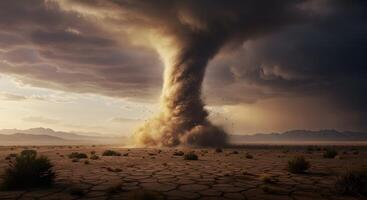 Surreal swirling dust devil traversing vast desert expanse under cloudy sky photo