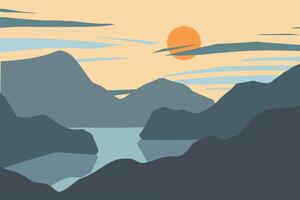 Minimalist style flat design mountains with lake reflection vector