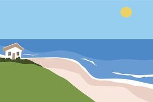 Ocean view with small house uphills flat design vector