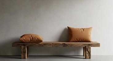 Rustic Bench with Earth-Toned Pillows Against a Minimalist Textured Wall photo