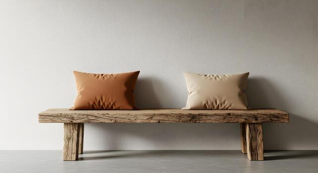 rústico encanto con dos texturizado almohadas en un Clásico de madera banco en contra texturizado pared foto