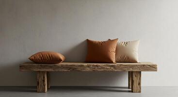 Rustic wooden bench featuring elegant brown and beige cushions against a neutral wall photo