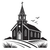 Simple Black and White Illustration of a Church in a Rural Setting vector