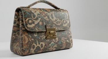 Exquisite paisley patterned handbag with golden lock on a white surface photo
