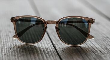 Elegant sunglasses with retro design on a weathered wooden surface background photo