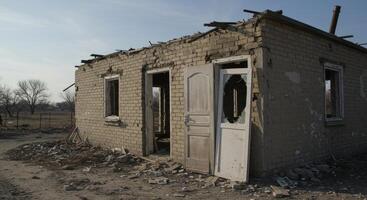 Exterior view of a war-damaged brick house showing destruction aftermath photo