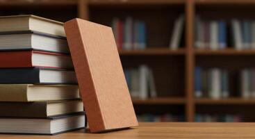 Stacked Books and a Blank Book on Table in Library with Wooden Bookshelves photo