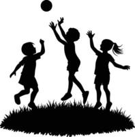 Silhouette of Three Children Playing Ball in Grass vector