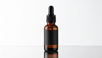 Amber dropper bottle mockup with removable label with black cap. Spray bottle mockup photo