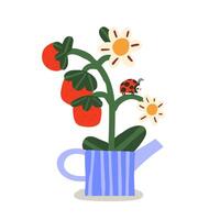 Cute illustration of a watering can with strawberries and ladybug on a white background vector