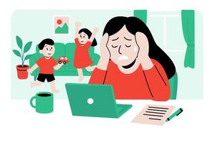 Stressed Mother Working from Home While Children Play Loudly in Background vector