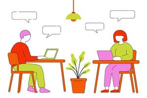 two people sitting at a table with laptops and speech bubbles vector