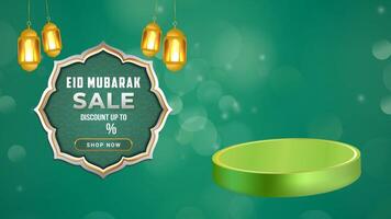 Eid mubarak sale discount template featuring a 3D podium with blank space for product display, set against an abstract background video