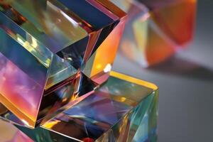 Prismatic glass cubes reflect vibrant colors, including pink, orange, green, and blue. The surface reveals intricate reflections and refractions, creating an abstract and mesmerizing visual effect photo