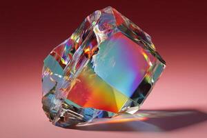 A vibrant, multi-faceted crystal displaying a spectrum of colors including red, orange, yellow, green, blue, and violet, reflects light in a dazzling manner with sharp edges and smooth surfaces photo