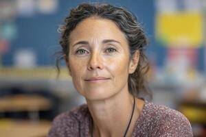 A woman with curly hair, wearing a patterned shirt, looks into the camera with a calm expression. The background is slightly blurred, suggesting an indoor setting such as an office or classroom photo