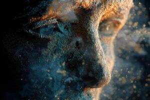 Close-up of a textured, abstract face, covered in a powdery substance with shades of blue and gold, creating an ethereal and mysterious atmosphere with soft, diffused lighting effects photo