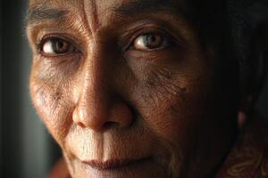 Elderly person with deeply wrinkled face and expressive eyes looking directly at the camera, capturing details and texture of skin, creating an intimate and thoughtful mood through gaze photo