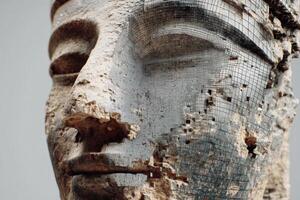 Ancient sculpture close-up with damaged surface, revealing internal wire mesh structure. Hollow eyes and deteriorating stone texture suggest antiquity and weathering photo