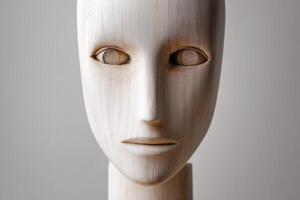 Wooden sculpture of a human face with smooth features, a neutral expression, and hollow eyes. The surface shows natural wood grain and texture, adding an organic and artistic feel photo