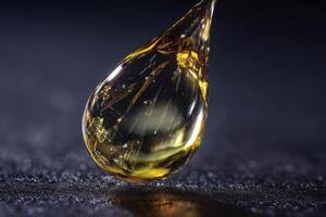 A single translucent amber droplet with intricate internal reflections and refractive patterns stands delicately on a textured surface, showcasing its clarity and vivid golden hues photo