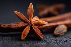 Star-shaped spice with brown, textured pods displayed prominently in focus, featuring six pointed segments. Blurred spices in background, creating a dramatic, vivid composition photo