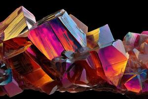 Vibrant, angular crystals with a stunning spectrum of iridescent colors, showcasing deep reds, purples, pinks, and hints of gold, forming a captivating and intricate geometric pattern photo