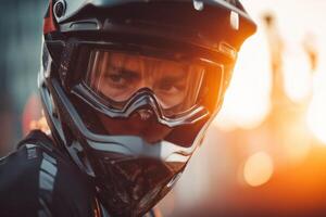 Rider wearing a black helmet with a visor looks intensely to the side. The face is partially visible through the visor. Warm light creates a dramatic effect around the figure photo