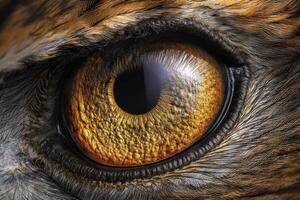 Close-up of an eye with vivid golden and brown tones, intricate textures, and detailed feathers surrounding it. The reflective surface shows a radial pattern and highlights photo