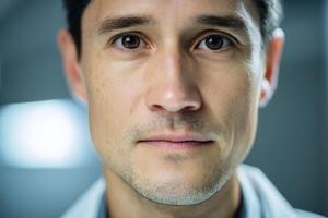 Close-up portrait of a person with short dark hair and contemplative expression. Soft lighting highlights facial features and the out-of-focus background enhances the subject's prominence photo
