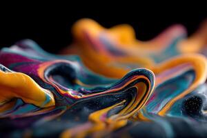 Abstract swirling patterns with vibrant colors of orange, blue, pink, and black, creating a wave-like effect with smooth, flowing textures and intricate details photo