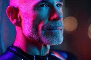 Elderly man with a contemplative look, illuminated by vibrant pink and blue lighting, creating a dramatic, moody atmosphere. The light accentuates facial features, with bokeh in the background photo