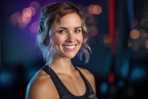 Smiling woman with short, wavy hair, wearing a sleeveless top. She stands in a dimly lit space, with colorful, blurred circular lights in the background, creating a bokeh effect photo