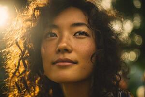 Young woman with curly hair and freckles gazes peacefully, sunlight softly illuminating her face, creating a warm and serene atmosphere with blurred natural elements in the background photo