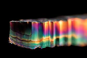Colorful iridescent crystal slice with textured, layered patterns reflecting vibrant hues. Sharp edges and abstract forms create a mesmerizing, ethereal effect in the macro shot photo