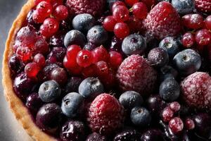 A vibrant tart covered with an assortment of fresh berries like raspberries, blueberries, redcurrants, and blackcurrants. The berries are glistening, creating a tempting look photo