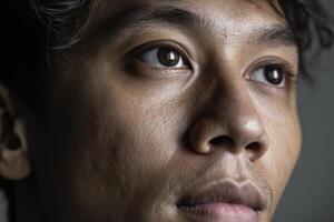 Close-up of a contemplative person with short hair. Soft lighting accentuates facial features including deep brown eyes, textured skin, and slight stubble. Expression appears thoughtful photo