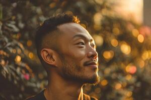 A person with short hair and beard smiles slightly while looking to the right. The warm bokeh effect of the lights creates a soft, serene background. Lighting highlights facial features photo