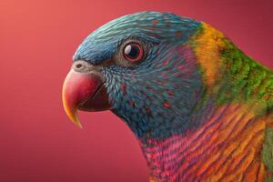 Colorful parrot with vibrant plumage featuring blue, green, and orange hues. The parrot's red eye and yellow-orange beak stand out. It faces left, set against a blurred background photo