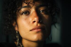 Reflective person with curly hair and nose ring gazes upwards in soft, natural light. Subtle shadows highlight facial features, emphasizing contemplative mood and serene expression photo